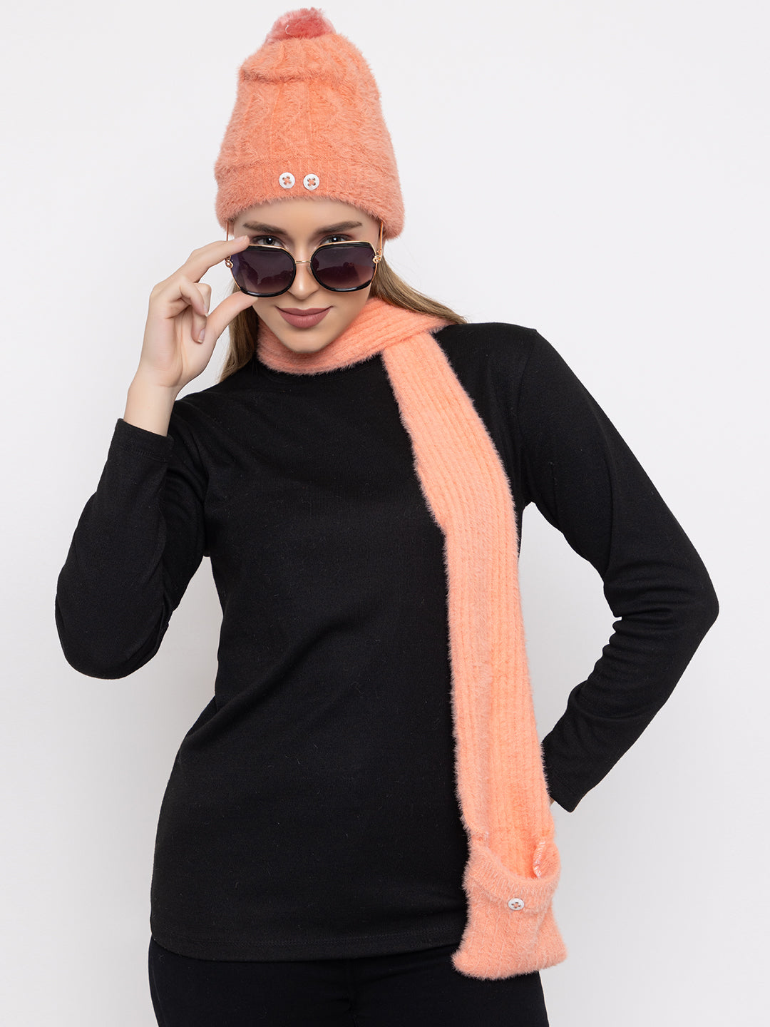 Woolen Pocket Muffler Cap for Women- Peach | AMOLDO