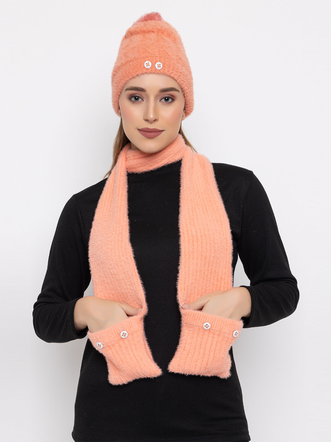 Woolen Pocket Muffler Cap for Women- Peach | AMOLDO