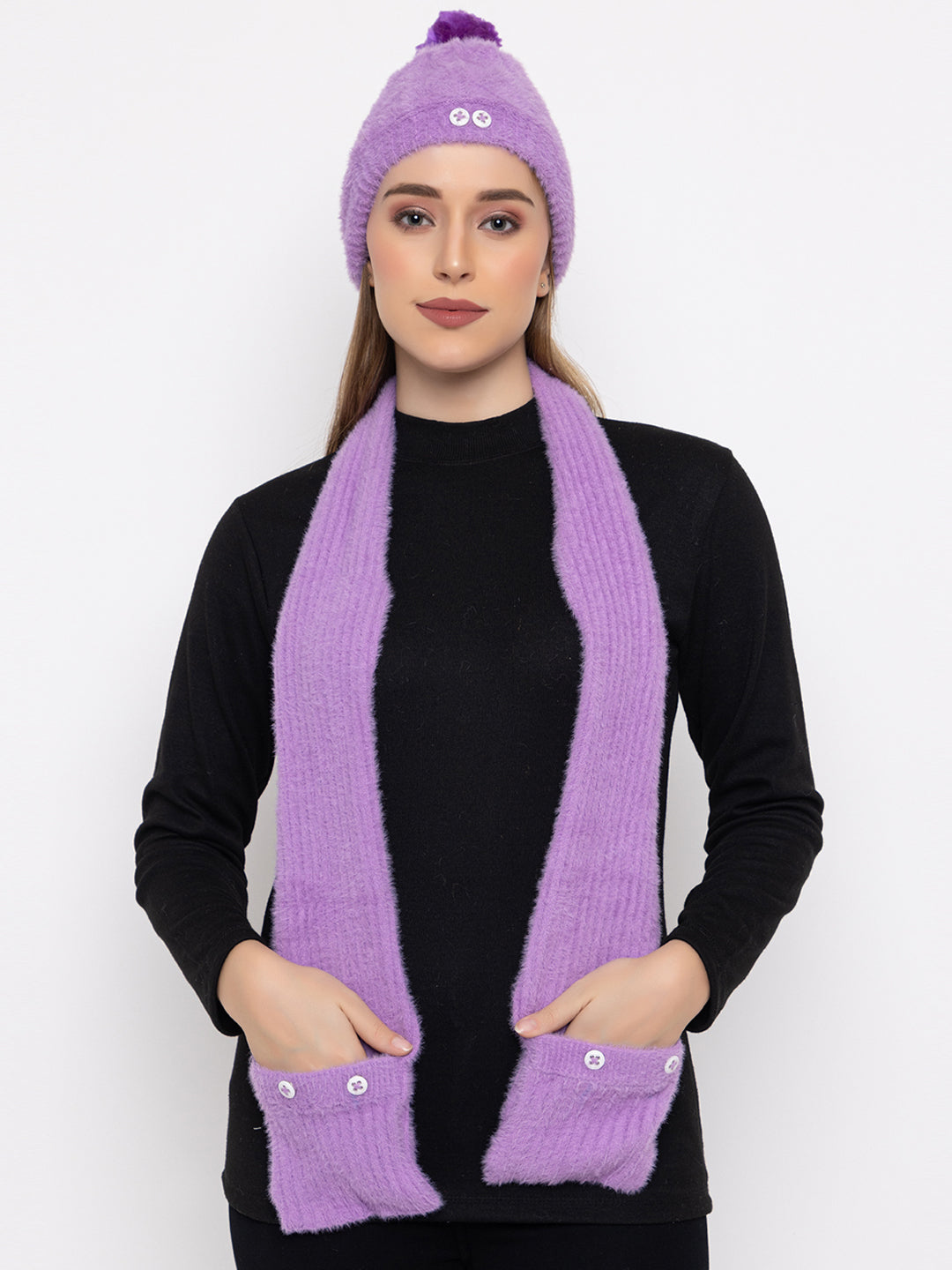 Woolen Pocket Muffler Cap for Women- Purple | AMOLDO