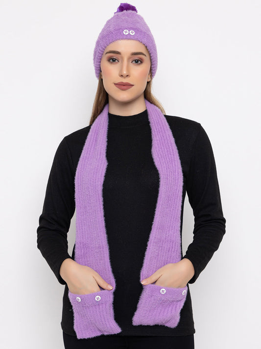 Woolen Pocket Muffler Cap for Women- Purple | AMOLDO