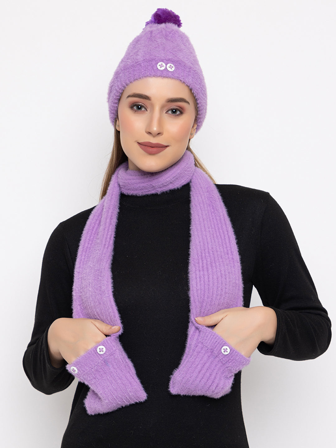 Woolen Pocket Muffler Cap for Women- Purple | AMOLDO