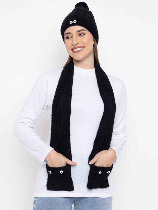 Woolen Pocket Muffler Cap for Women- Black | AMOLDO