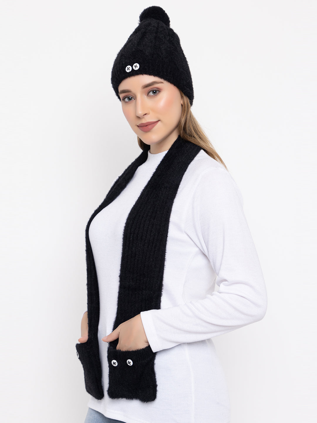 Woolen Pocket Muffler Cap for Women- Black | AMOLDO