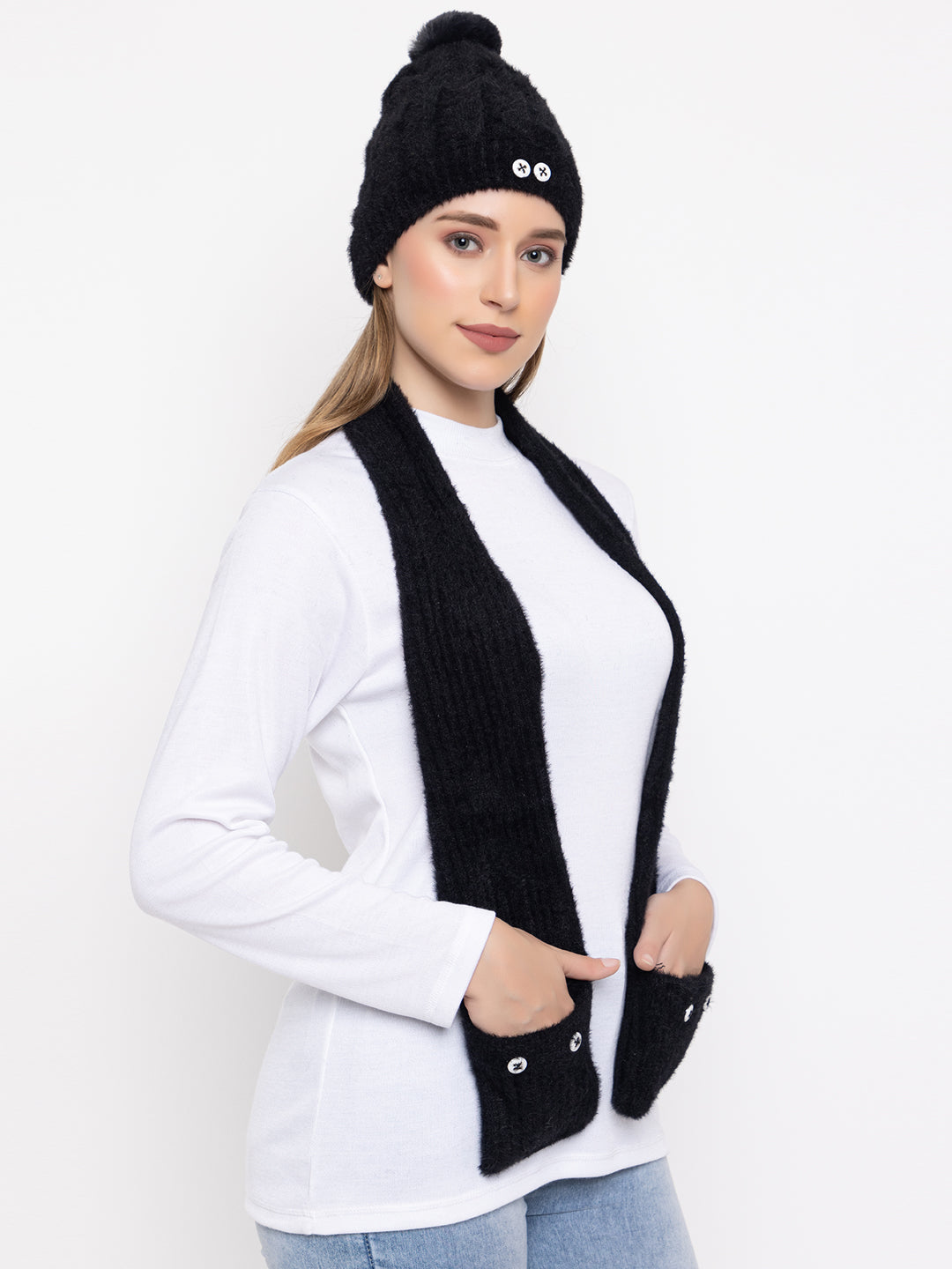 Woolen Pocket Muffler Cap for Women- Black | AMOLDO