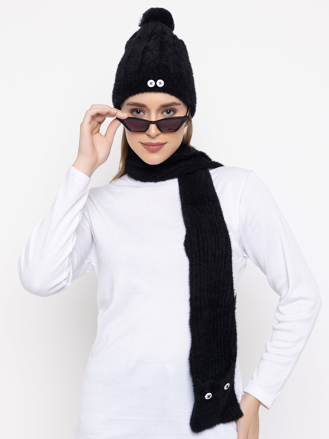 Woolen Pocket Muffler Cap for Women- Black | AMOLDO