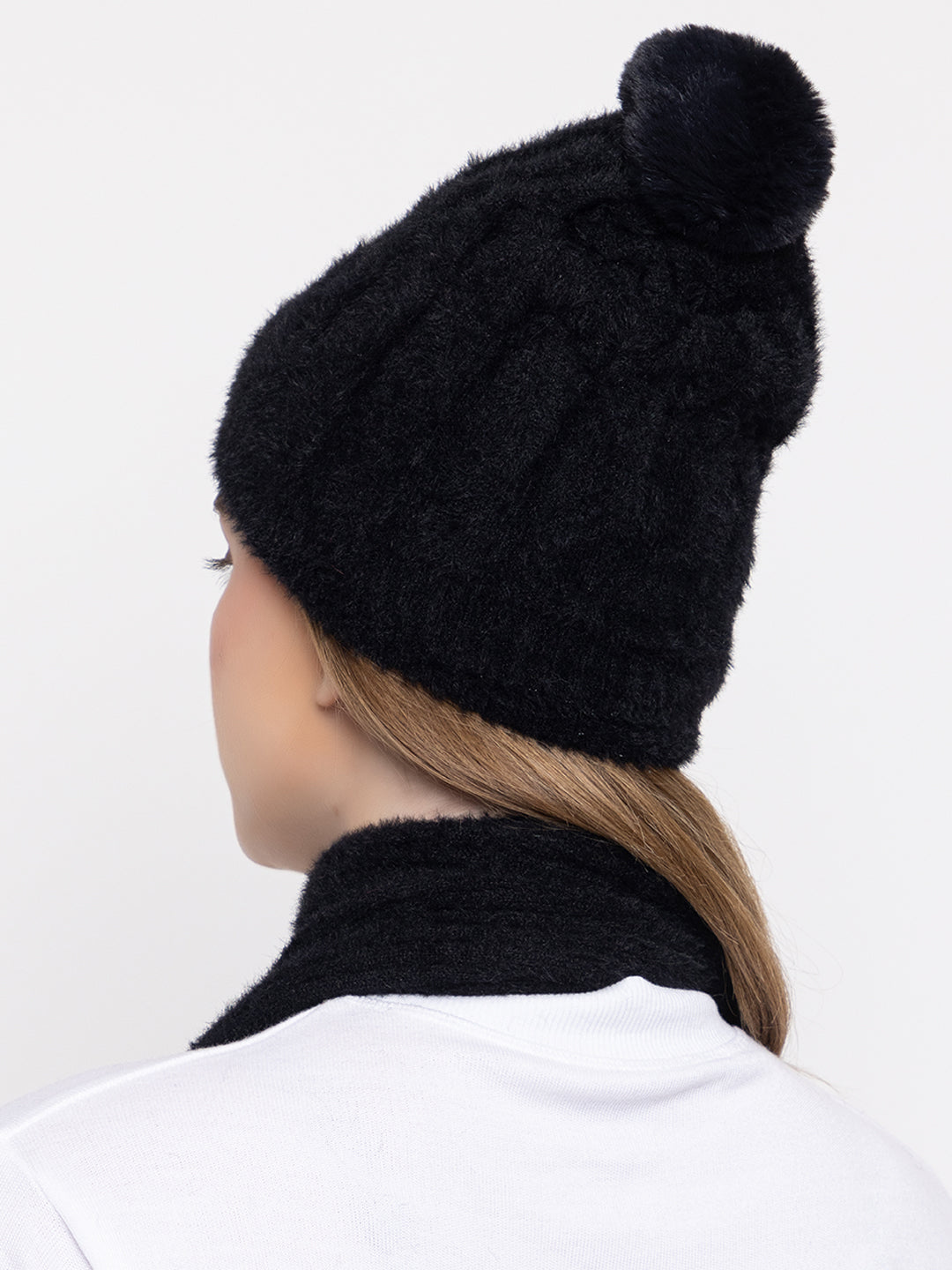 Woolen Pocket Muffler Cap for Women- Black | AMOLDO