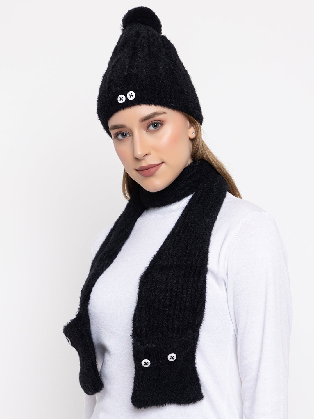 Woolen Pocket Muffler Cap for Women- Black | AMOLDO