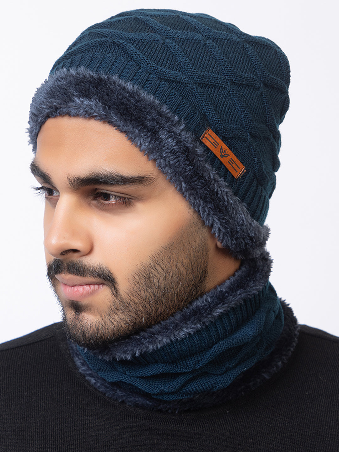 Woolen Knit Unisex Beanie Cap and Neck Warmer Set with Double Fur Lining and Gloves Combo - Navy