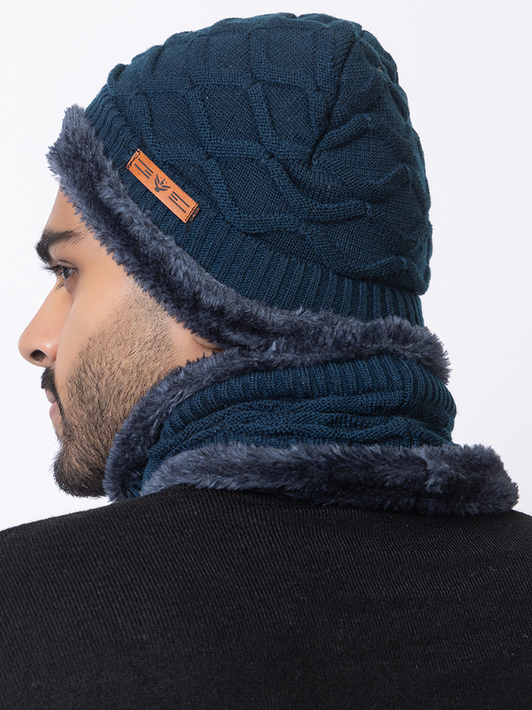 Woolen Knit Unisex Beanie Cap and Neck Warmer Set with Double Fur Lining and Gloves Combo - Navy