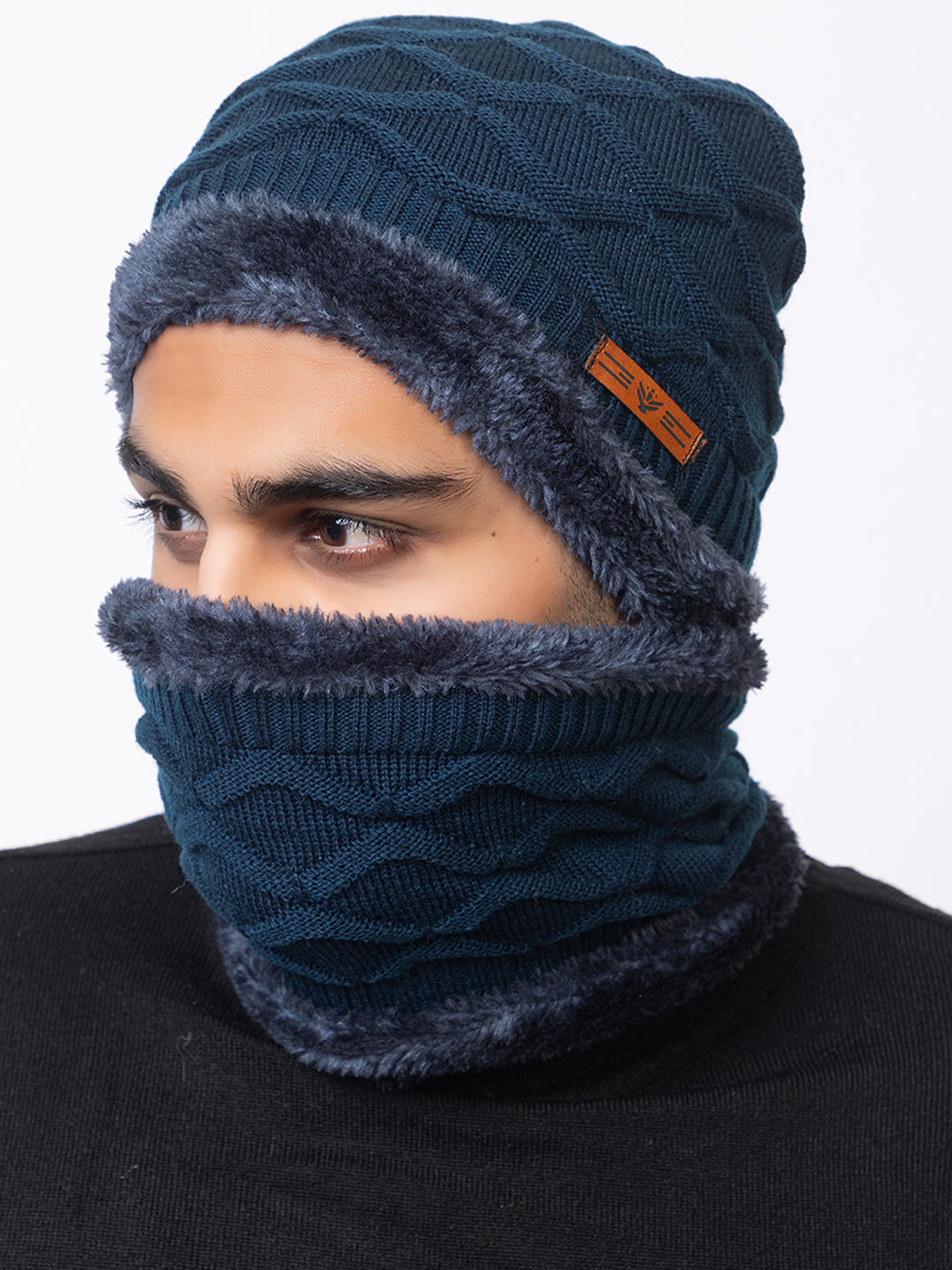 Woolen Knit Unisex Beanie Cap and Neck Warmer Set with Double Fur Lining - Navy