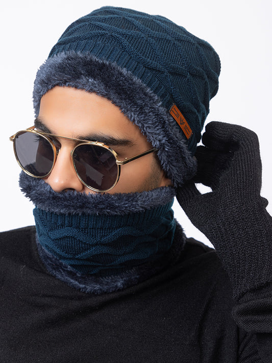 Woolen Knit Unisex Beanie Cap and Neck Warmer Set with Double Fur Lining and Gloves Combo - Navy