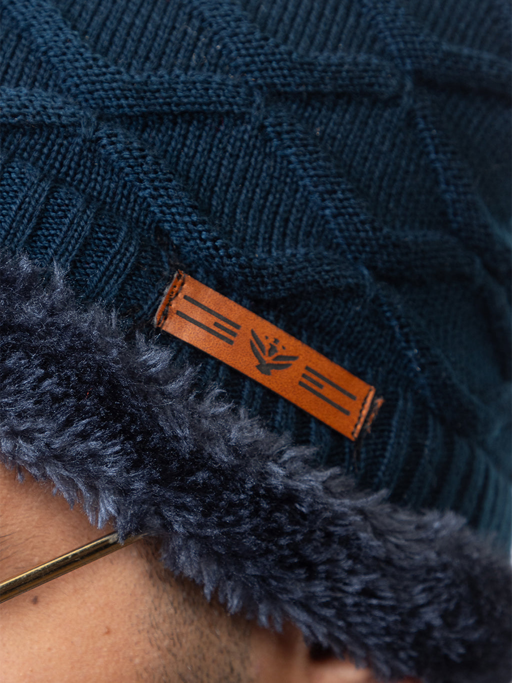 Woolen Knit Unisex Beanie Cap and Neck Warmer Set with Double Fur Lining - Navy
