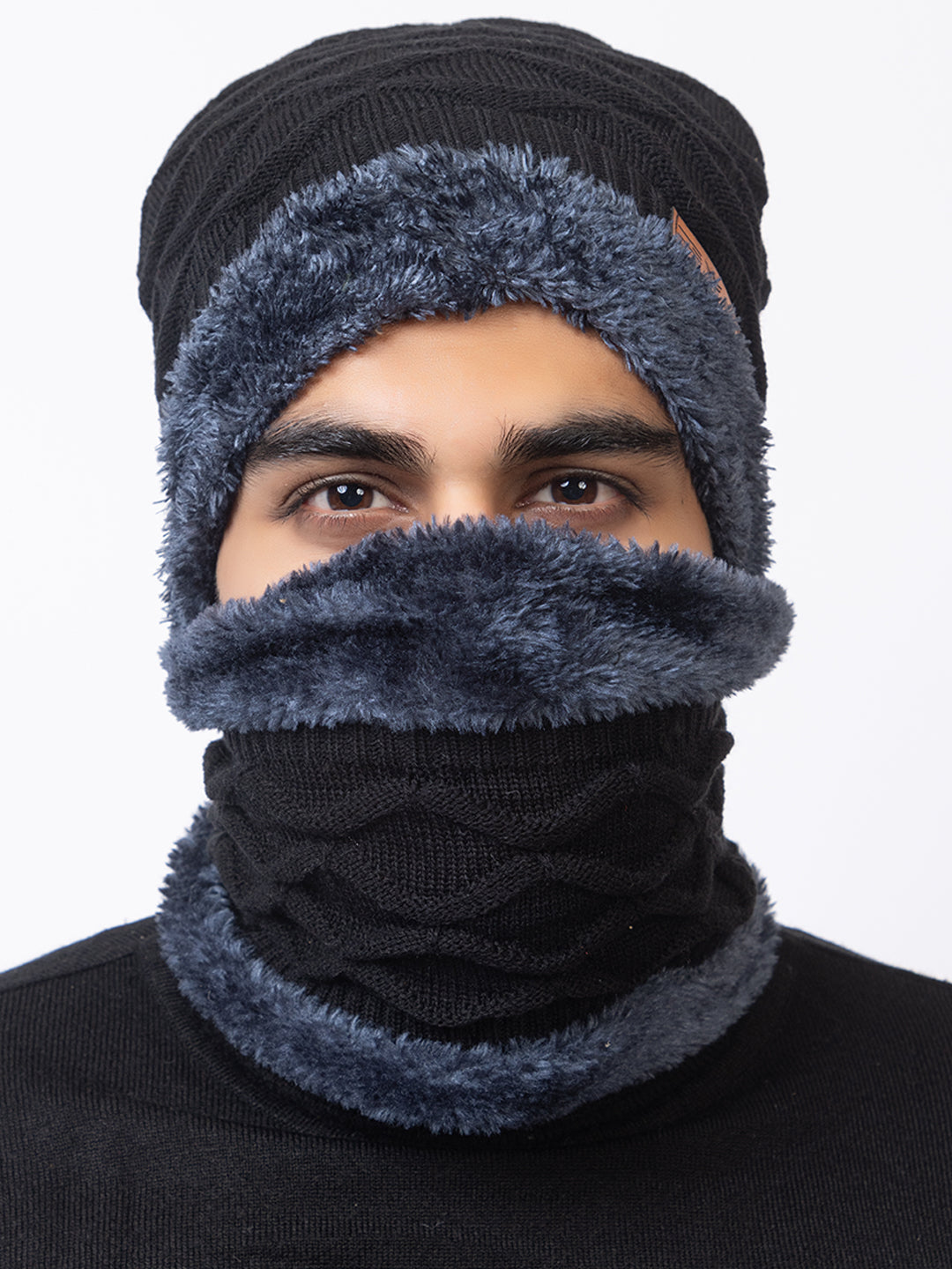 black beanie neck set with gloves double