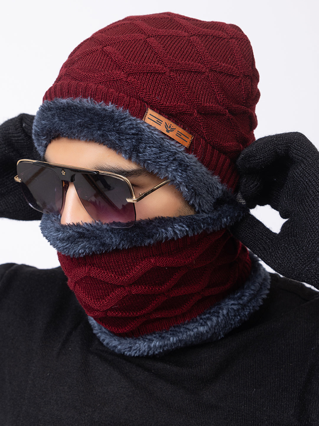 maroon beanie neck set with gloves double