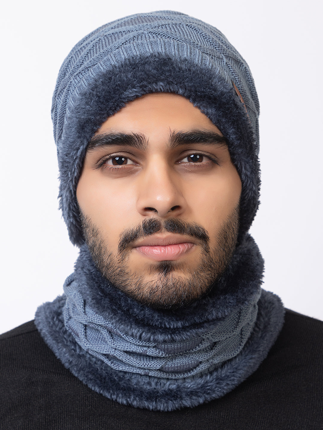 Woolen Knit Unisex Beanie Cap and Neck Warmer Set with Double Fur Lining and Gloves Combo - Grey