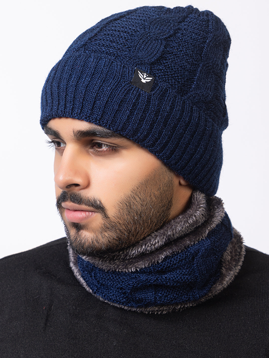 navy beanie neck set with gloves