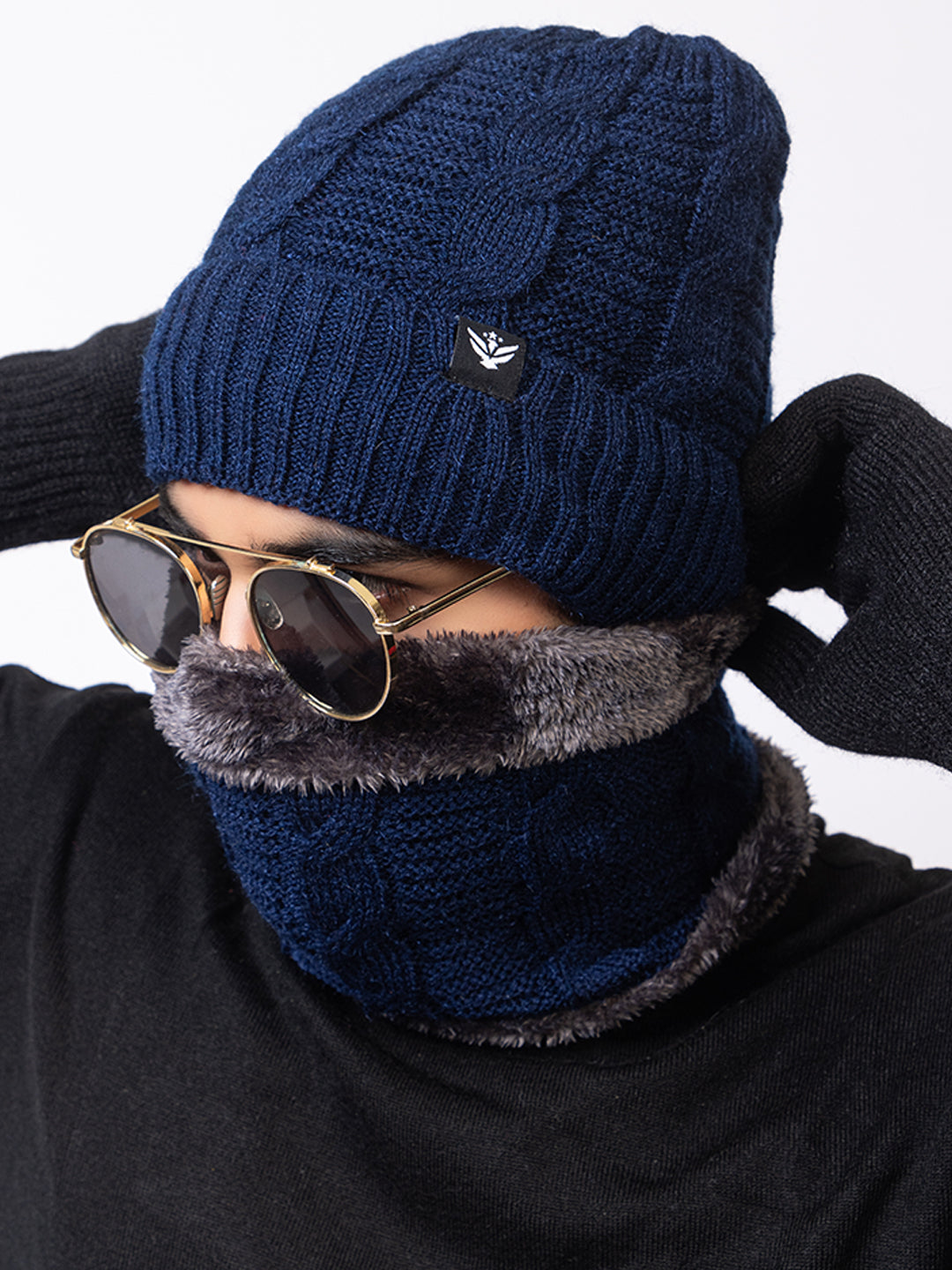 navy beanie neck set with gloves