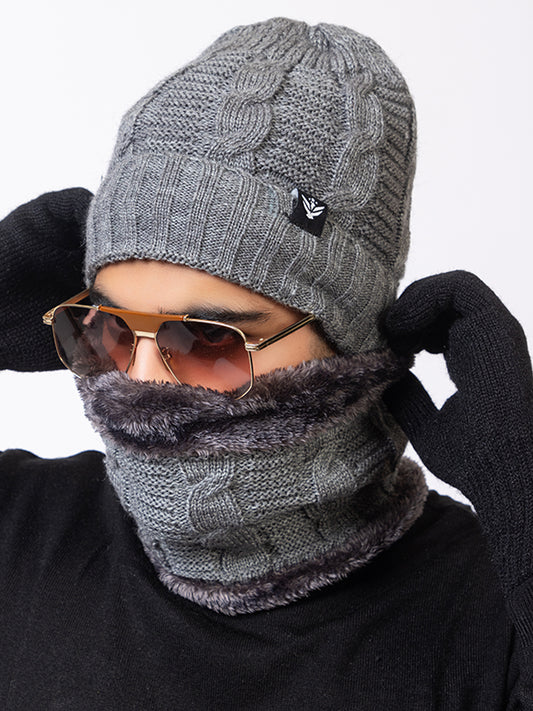 grey beanie neck set with gloves