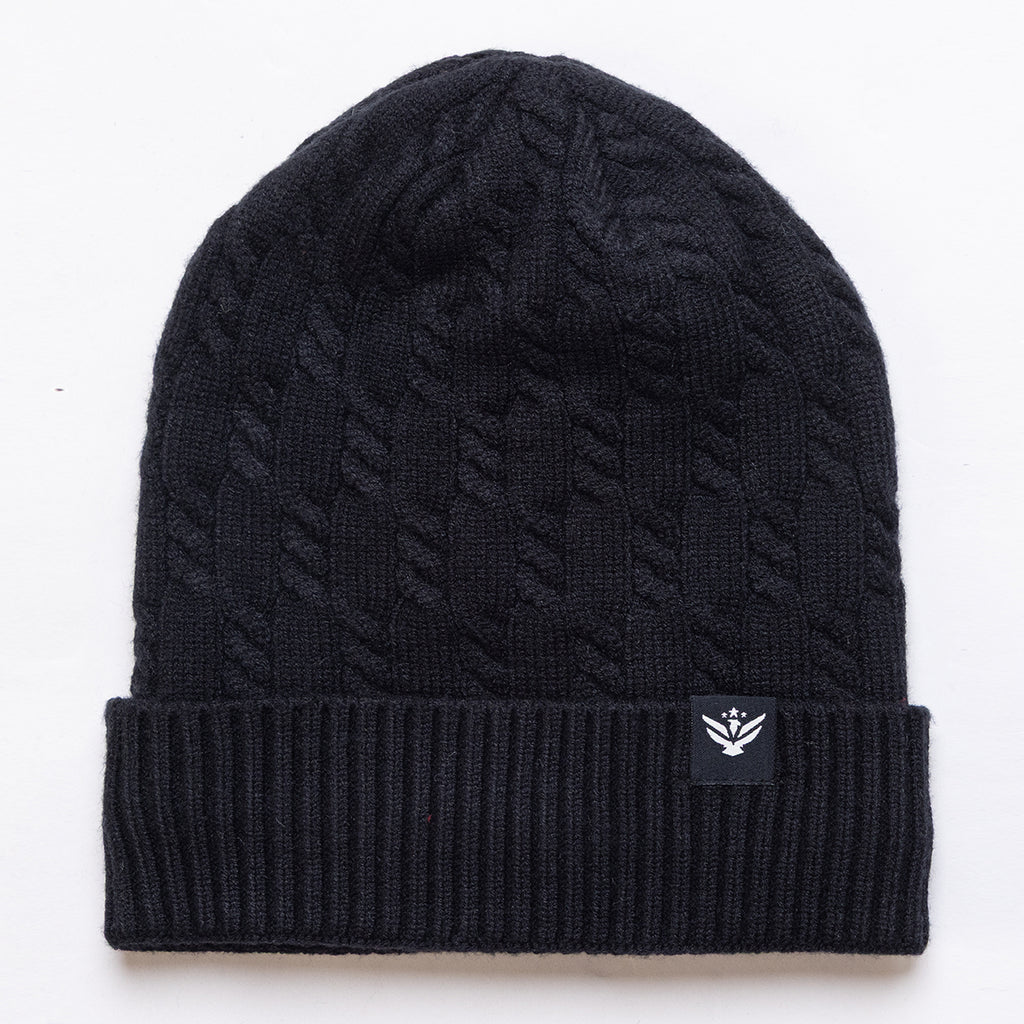 Unisex Black Winter Wool Cap | Warm Soft Stretch Beanie with Braid Design