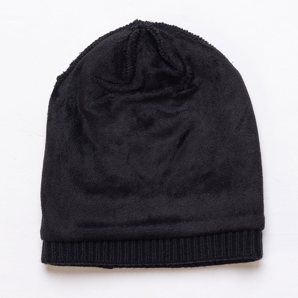Unisex Black Winter Wool Cap | Warm Soft Stretch Beanie with Braid Design