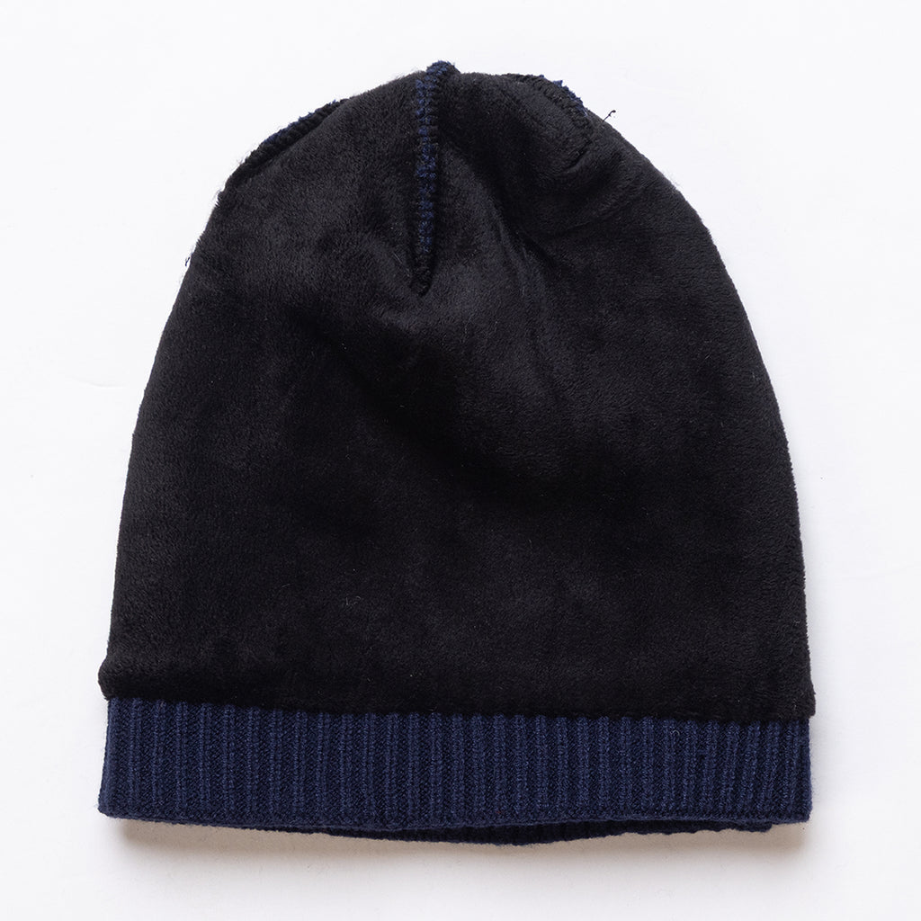 Unisex Dark Blue Winter Wool Cap | Warm Soft Stretch Beanie with Braid Design
