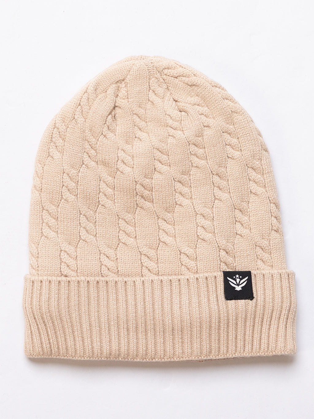 Unisex Beige Winter Wool Cap | Warm Soft Stretch Beanie with Braid Design