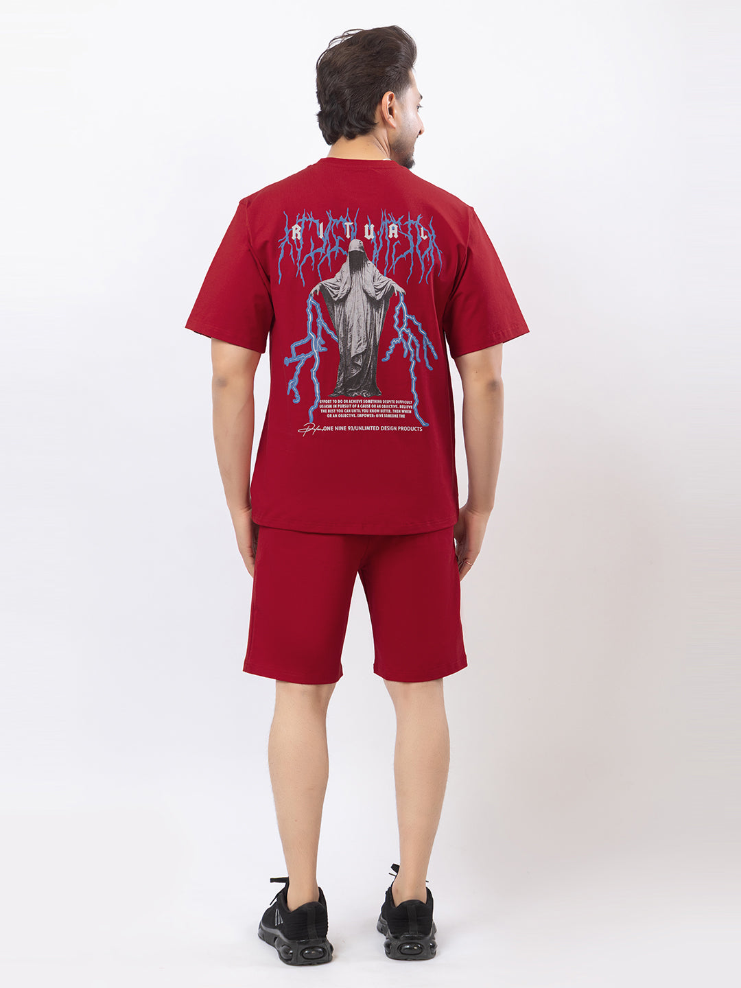 Men's Oversized Round Neck Printed Co-ord Set - Red