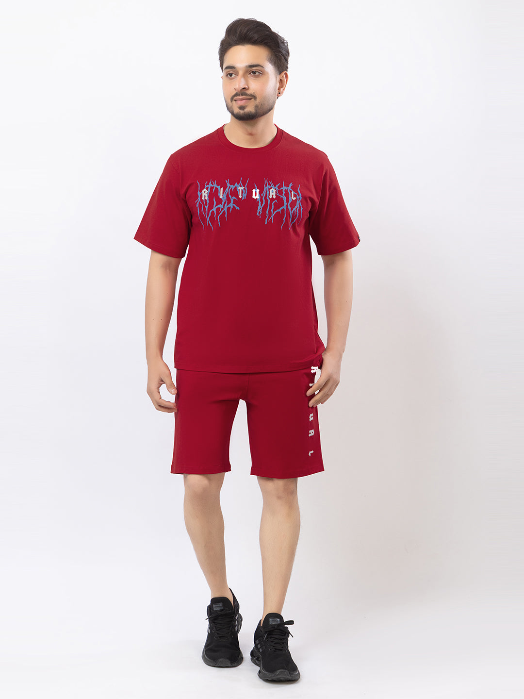 Men's Oversized Round Neck Printed Co-ord Set - Red