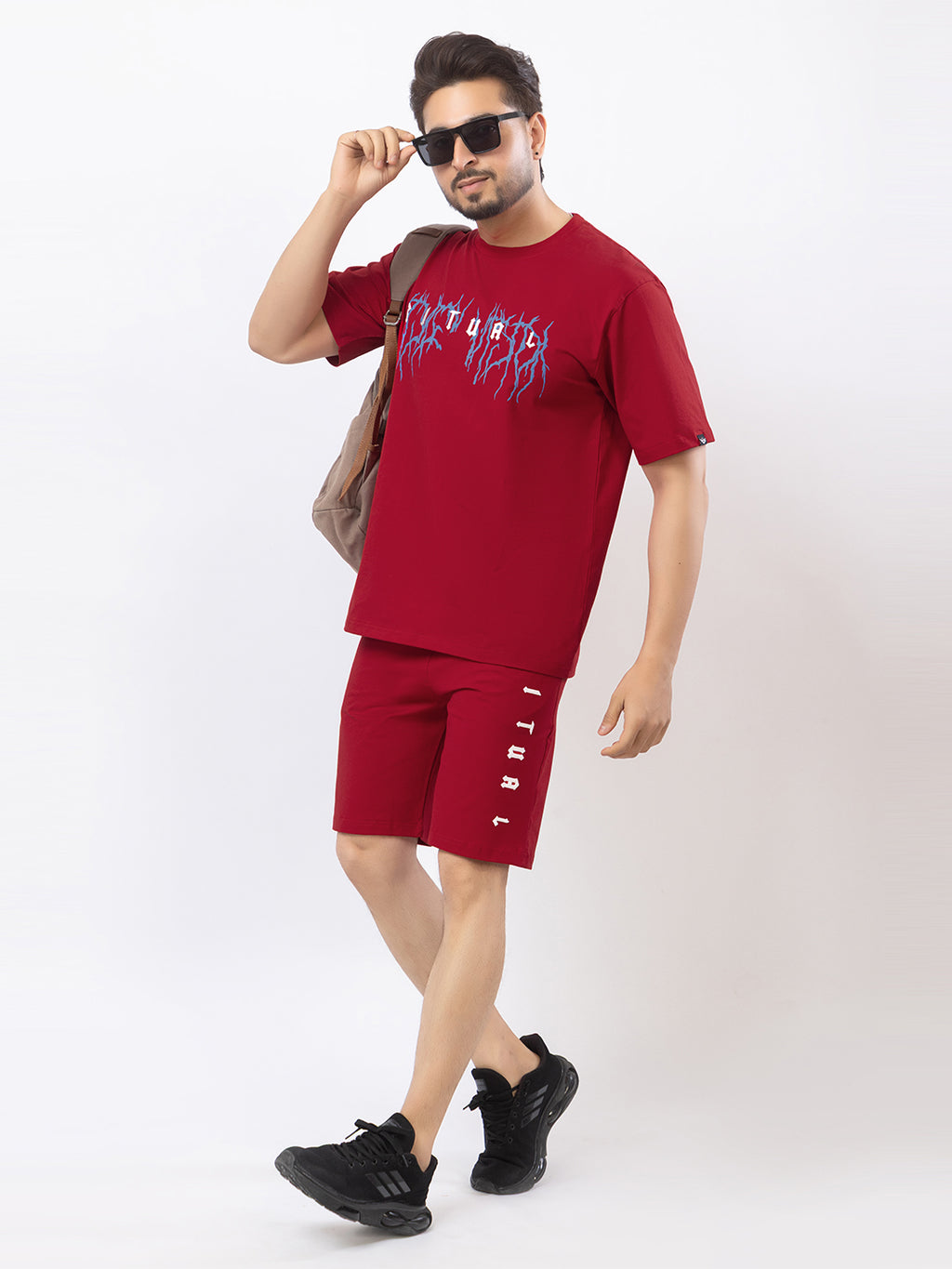 Men's Oversized Round Neck Printed Co-ord Set - Red