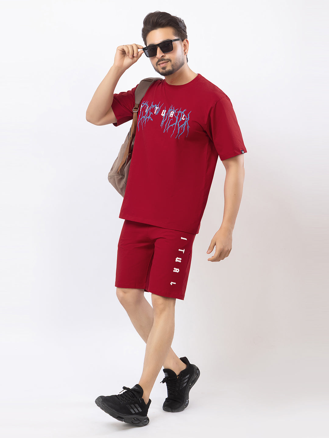 Men's Oversized Round Neck Printed Co-ord Set - Red