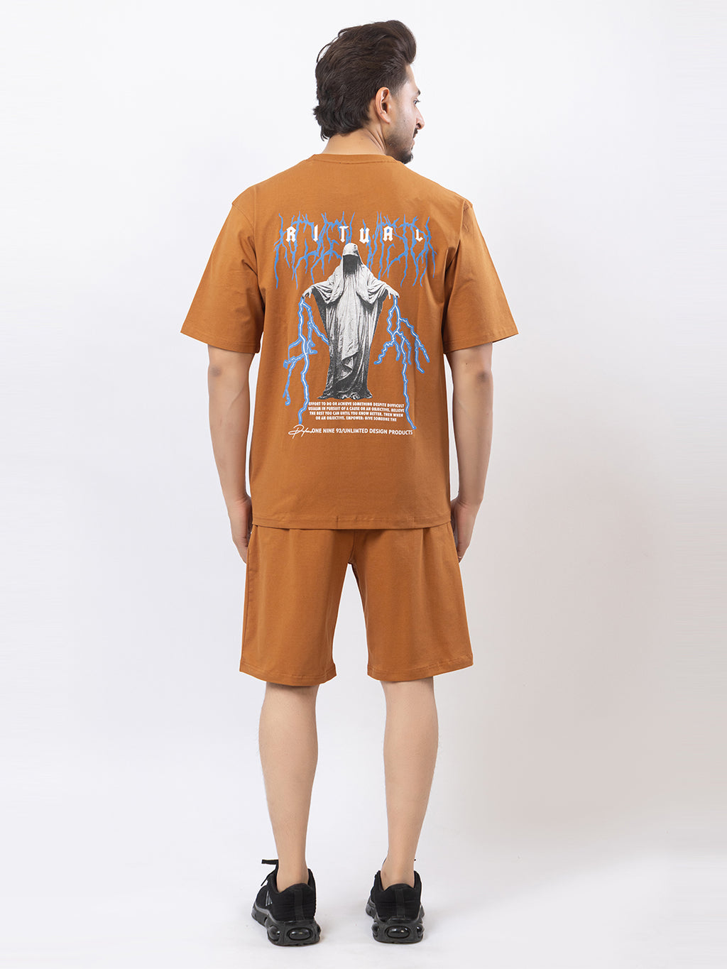 Men's Oversized Round Neck Printed Co-ord Set - Rust