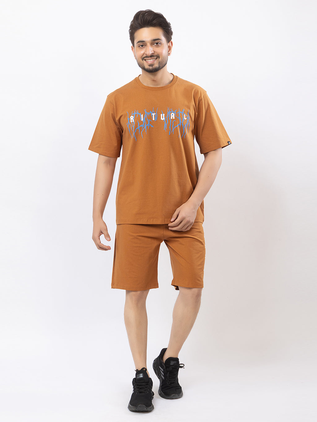 Men's Oversized Round Neck Printed Co-ord Set - Rust