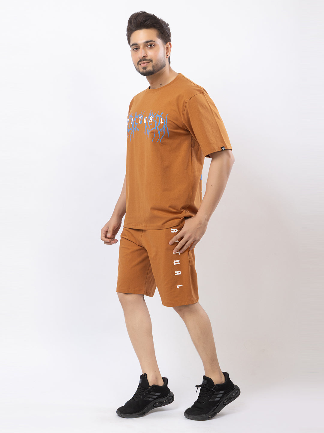 Men's Oversized Round Neck Printed Co-ord Set - Rust