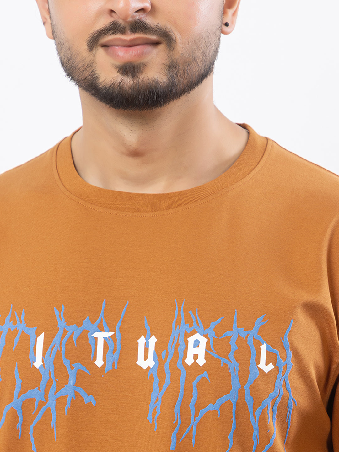 Men's Oversized Round Neck Printed Co-ord Set - Rust