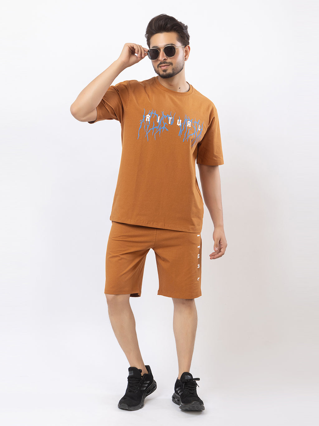 Men's Oversized Round Neck Printed Co-ord Set - Rust