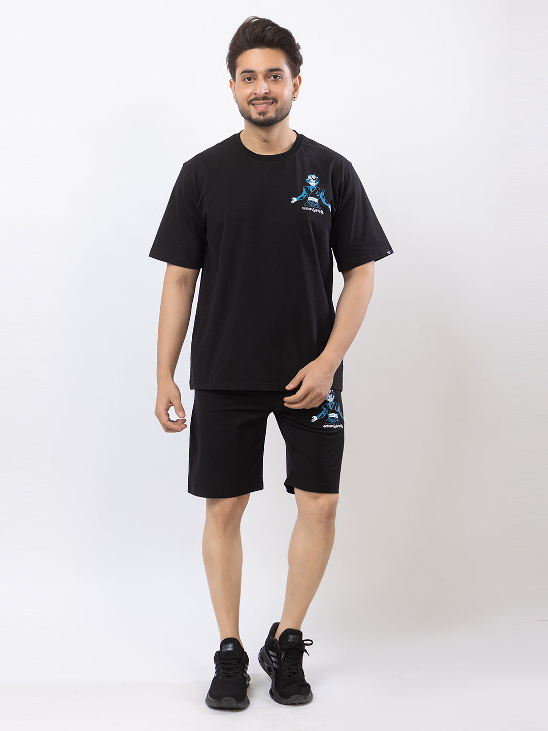 Men's Oversized Round Neck Printed Co-ord Set - Black