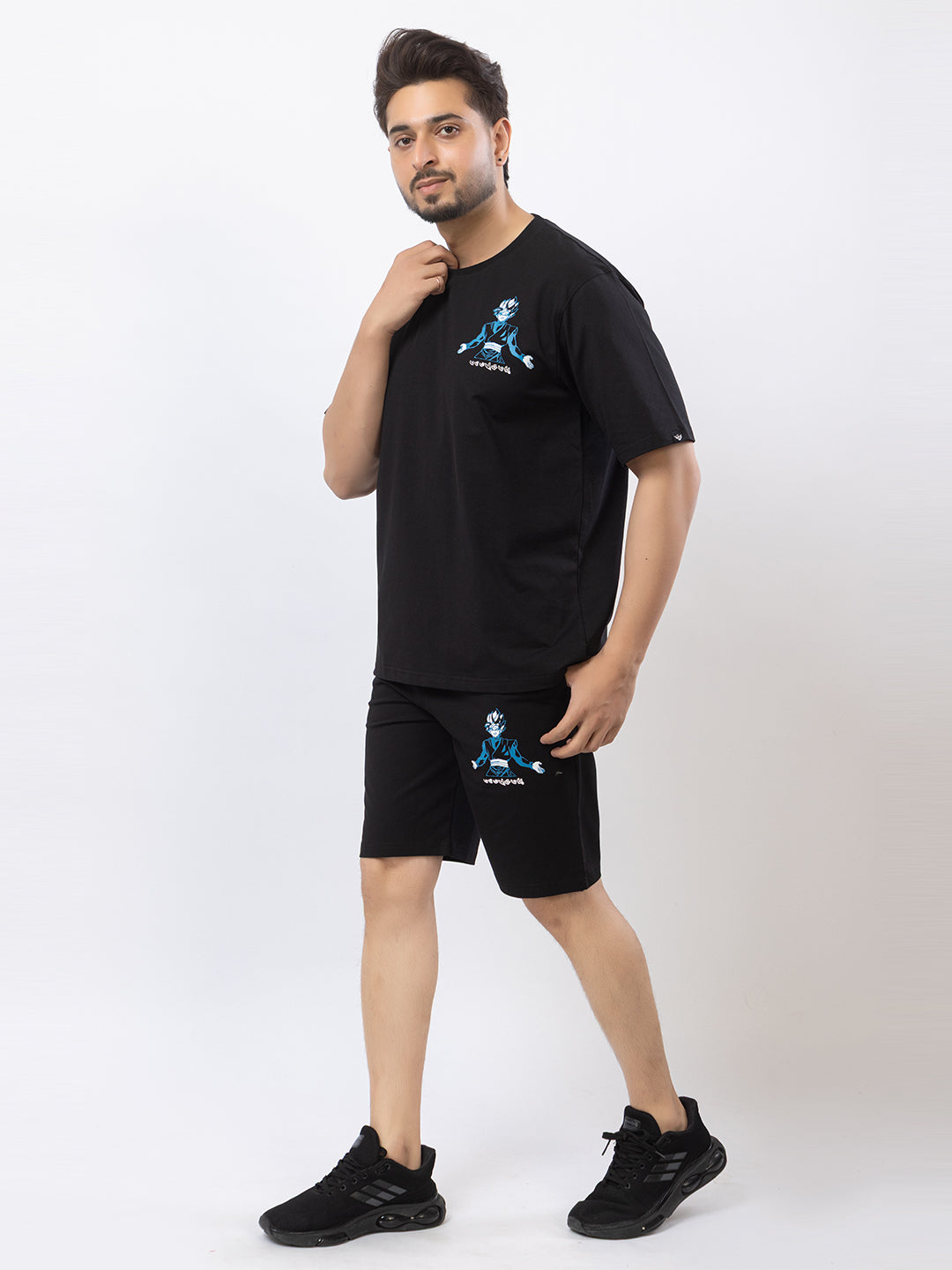 Men's Oversized Round Neck Printed Co-ord Set - Black