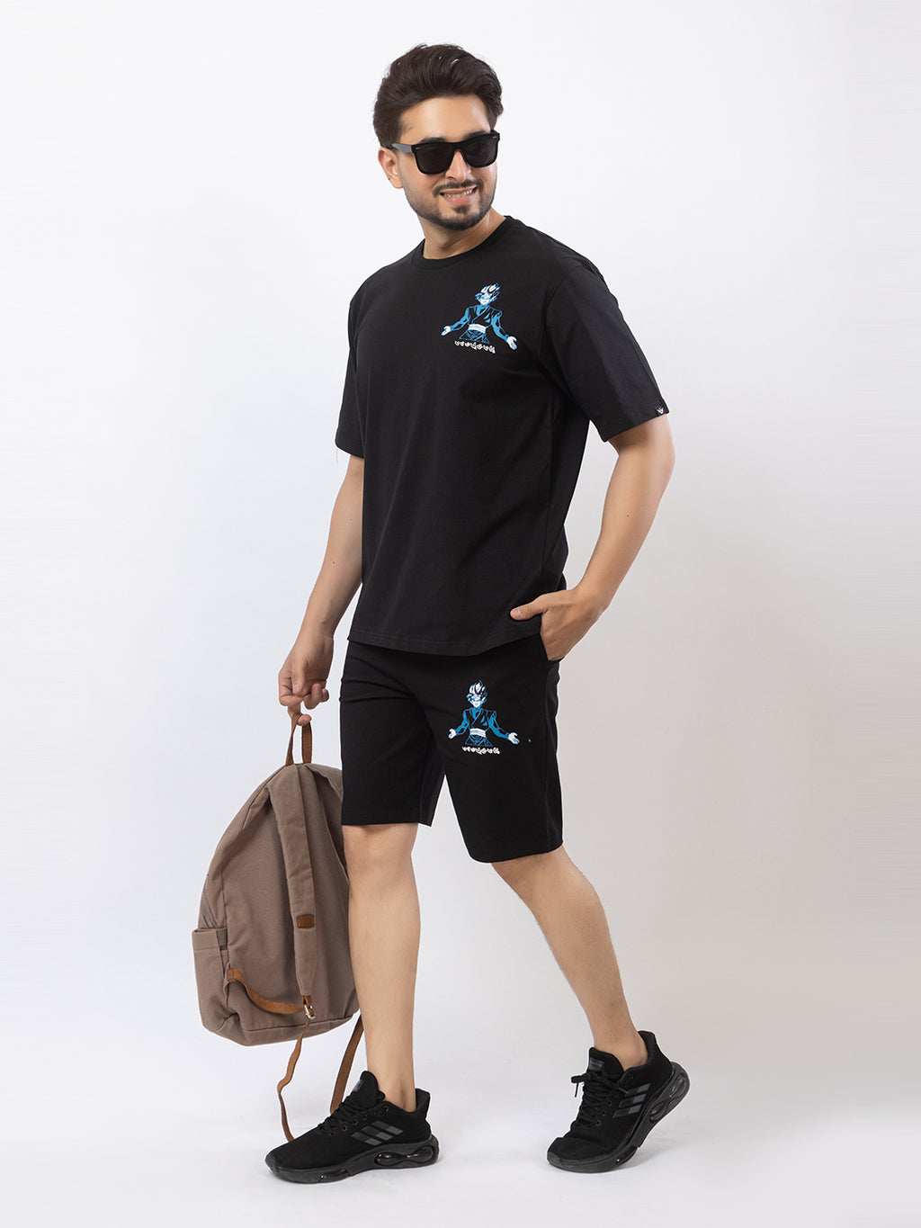 Men's Oversized Round Neck Printed Co-ord Set - Black