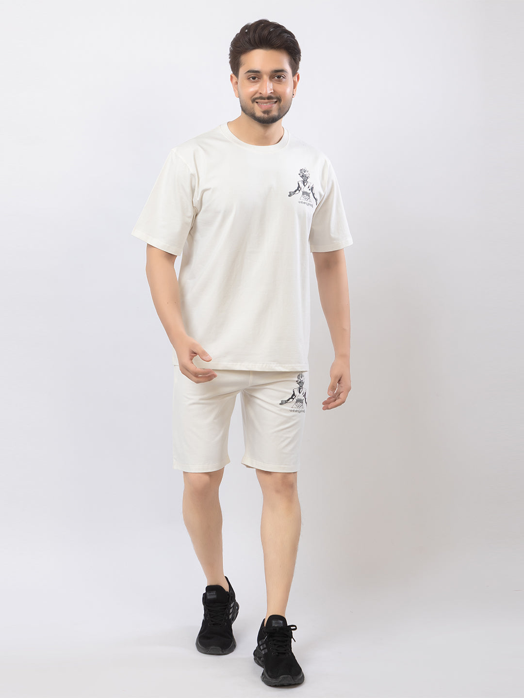 Men's Oversized Round Neck Printed Co-ord Set - White