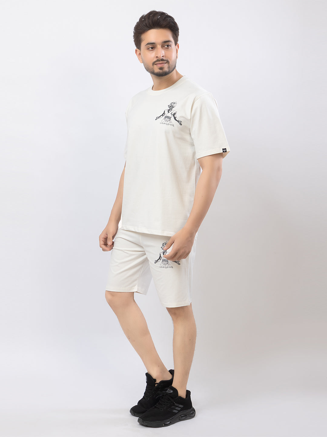 Men's Oversized Round Neck Printed Co-ord Set - White