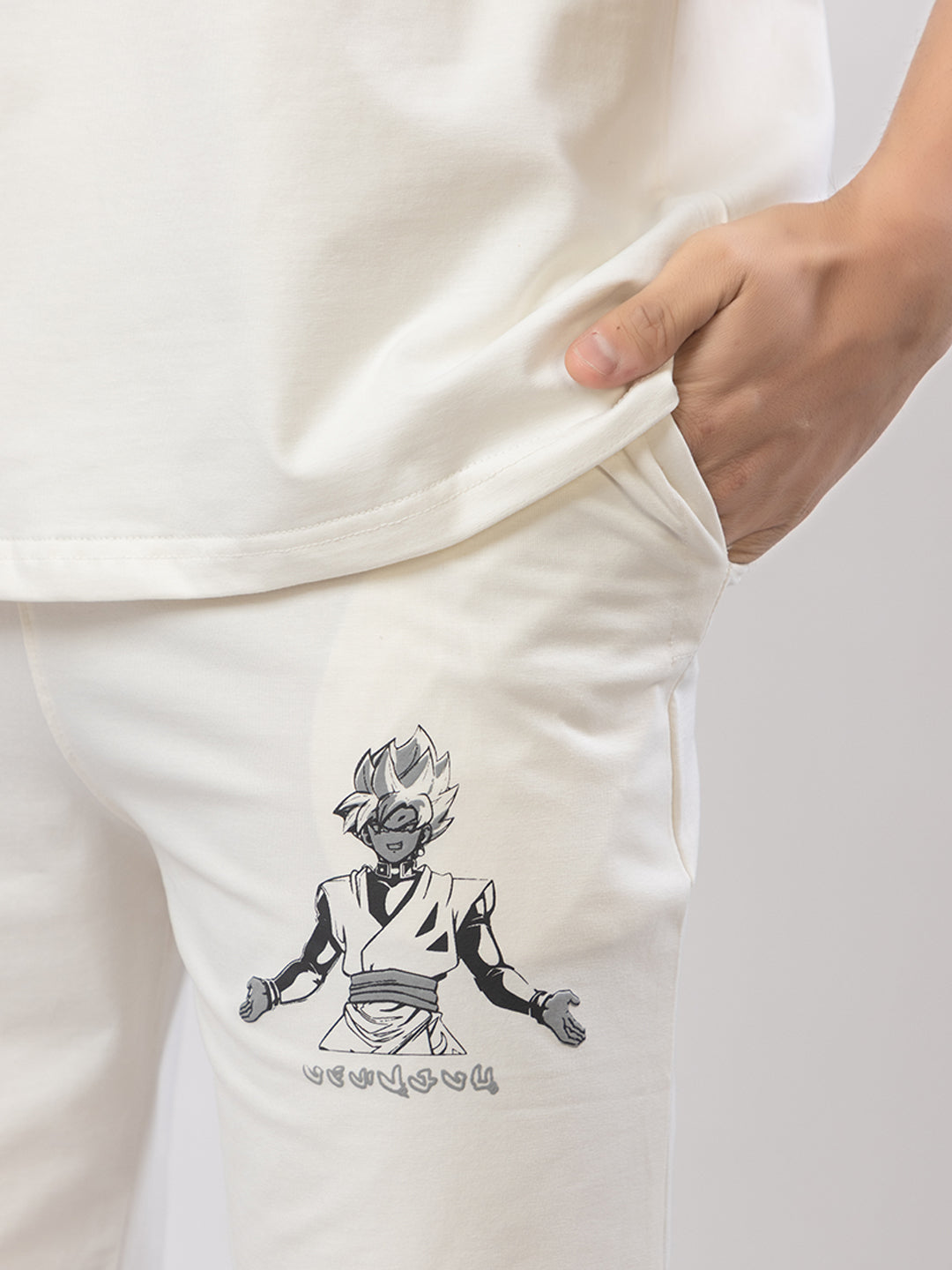 Men's Oversized Round Neck Printed Co-ord Set - White