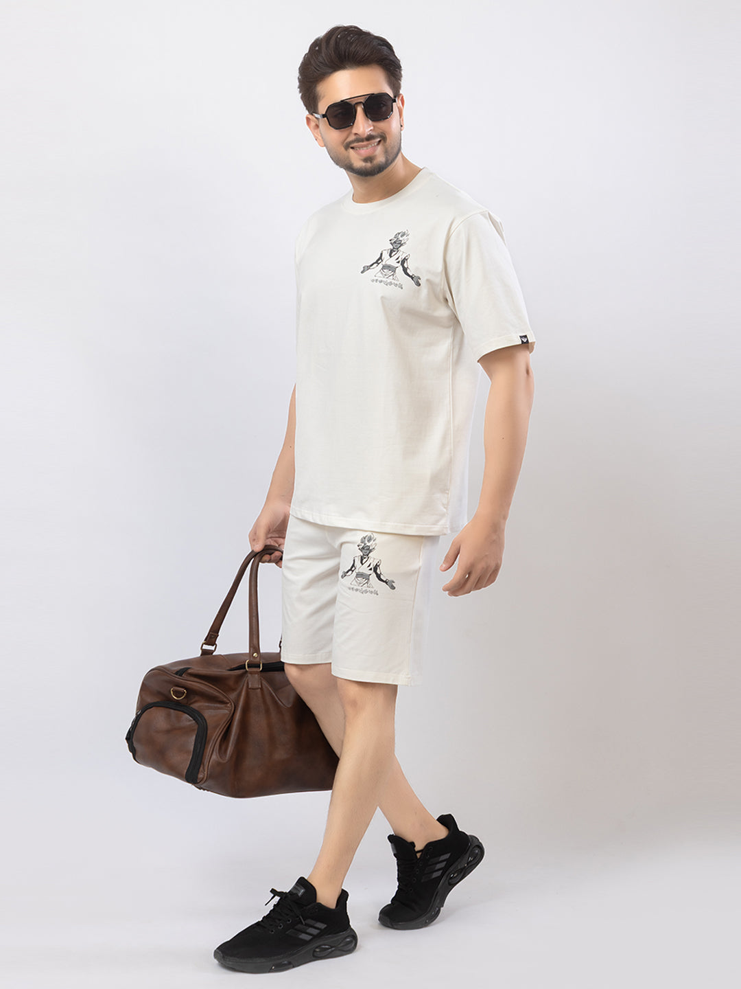 Men's Oversized Round Neck Printed Co-ord Set - White
