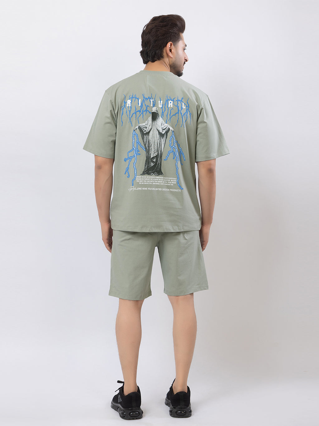 Men's Oversized Round Neck Printed Co-ord Set - Grey