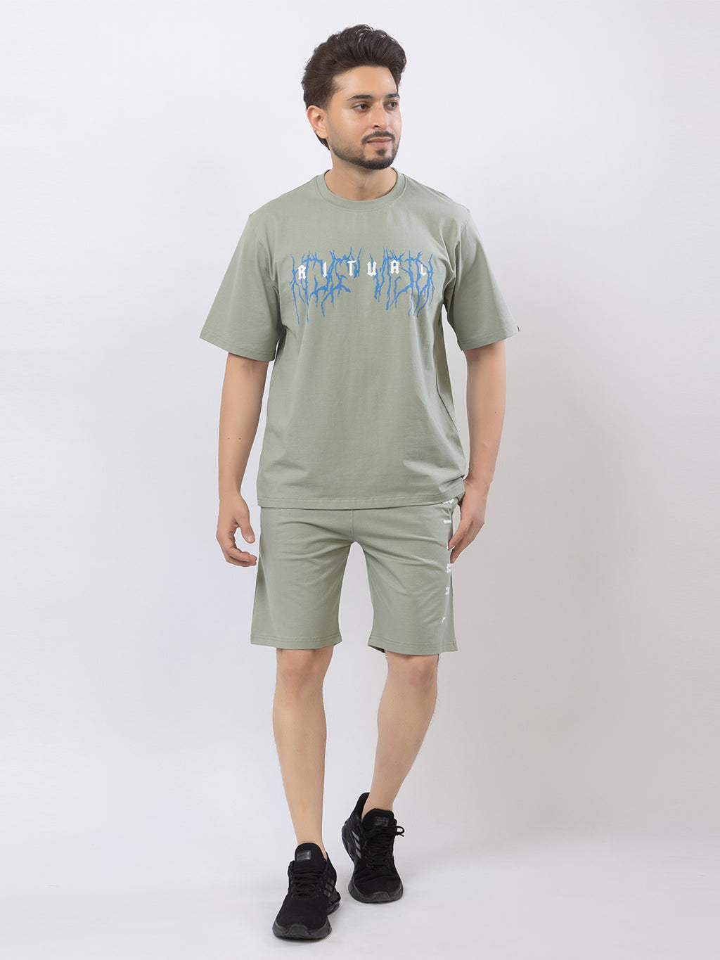 Men's Oversized Round Neck Printed Co-ord Set - Grey