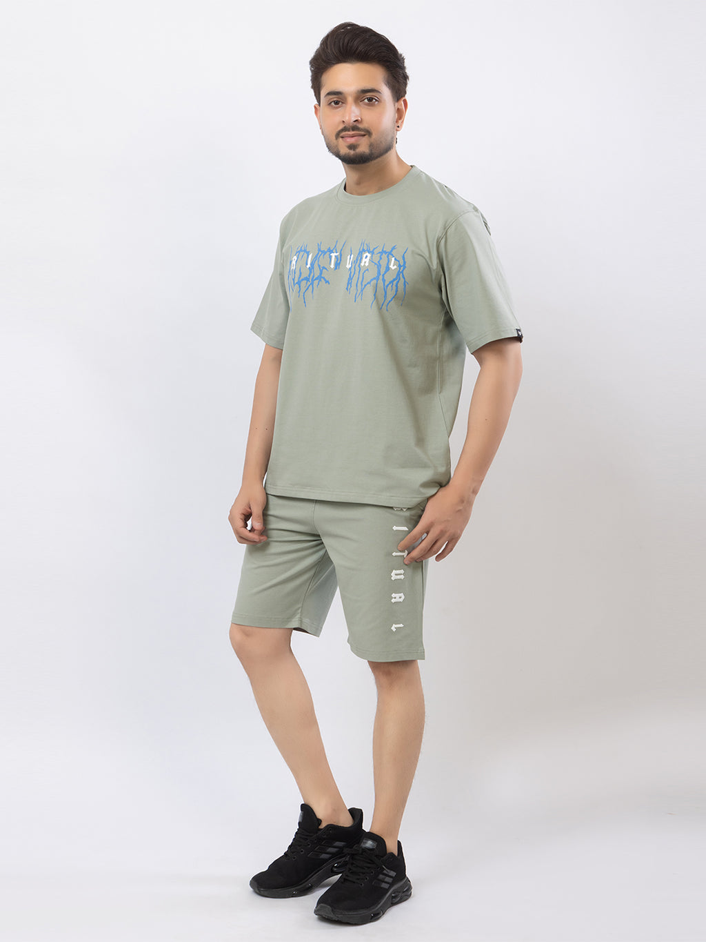 Men's Oversized Round Neck Printed Co-ord Set - Grey