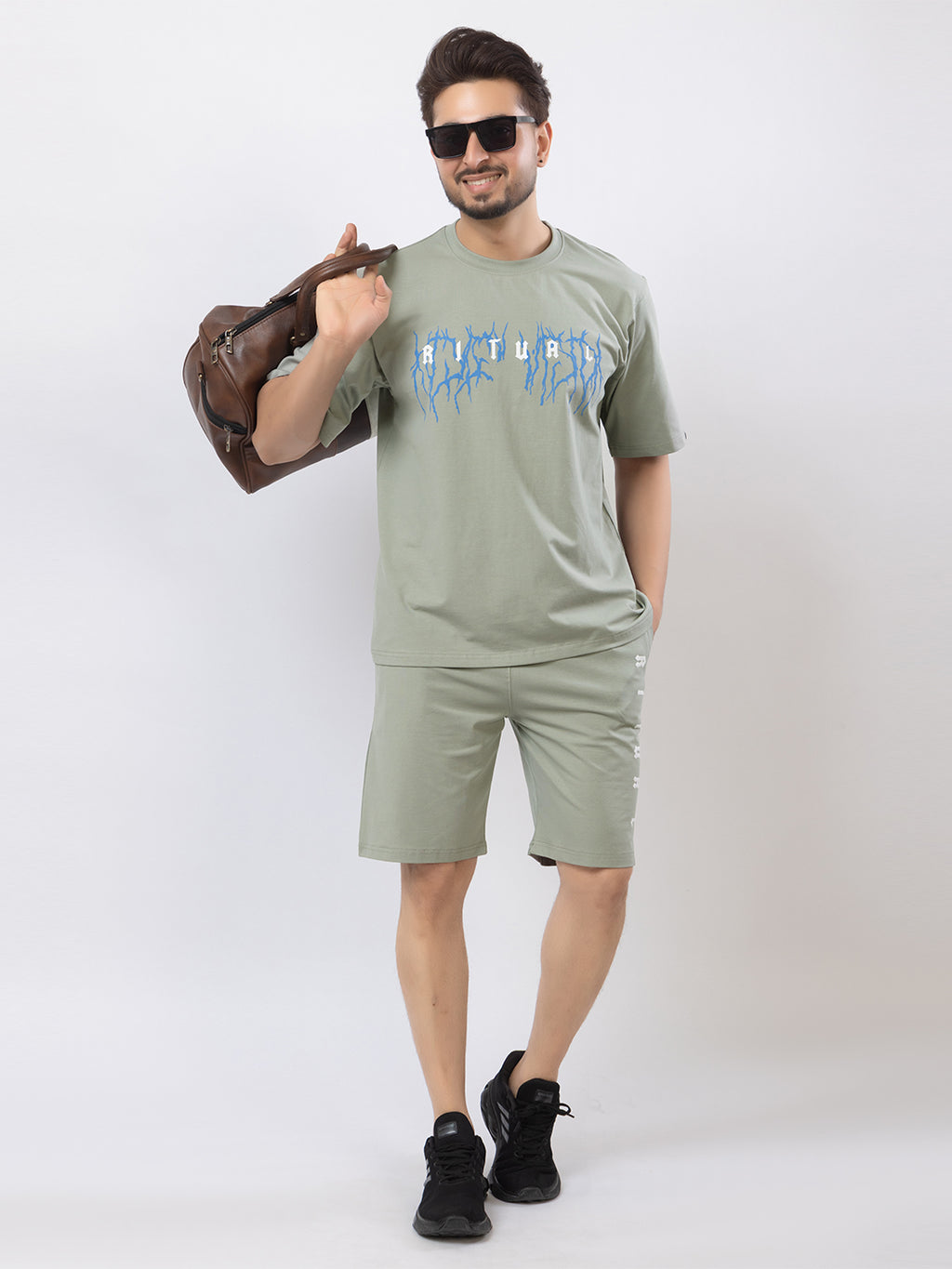 Men's Oversized Round Neck Printed Co-ord Set - Grey