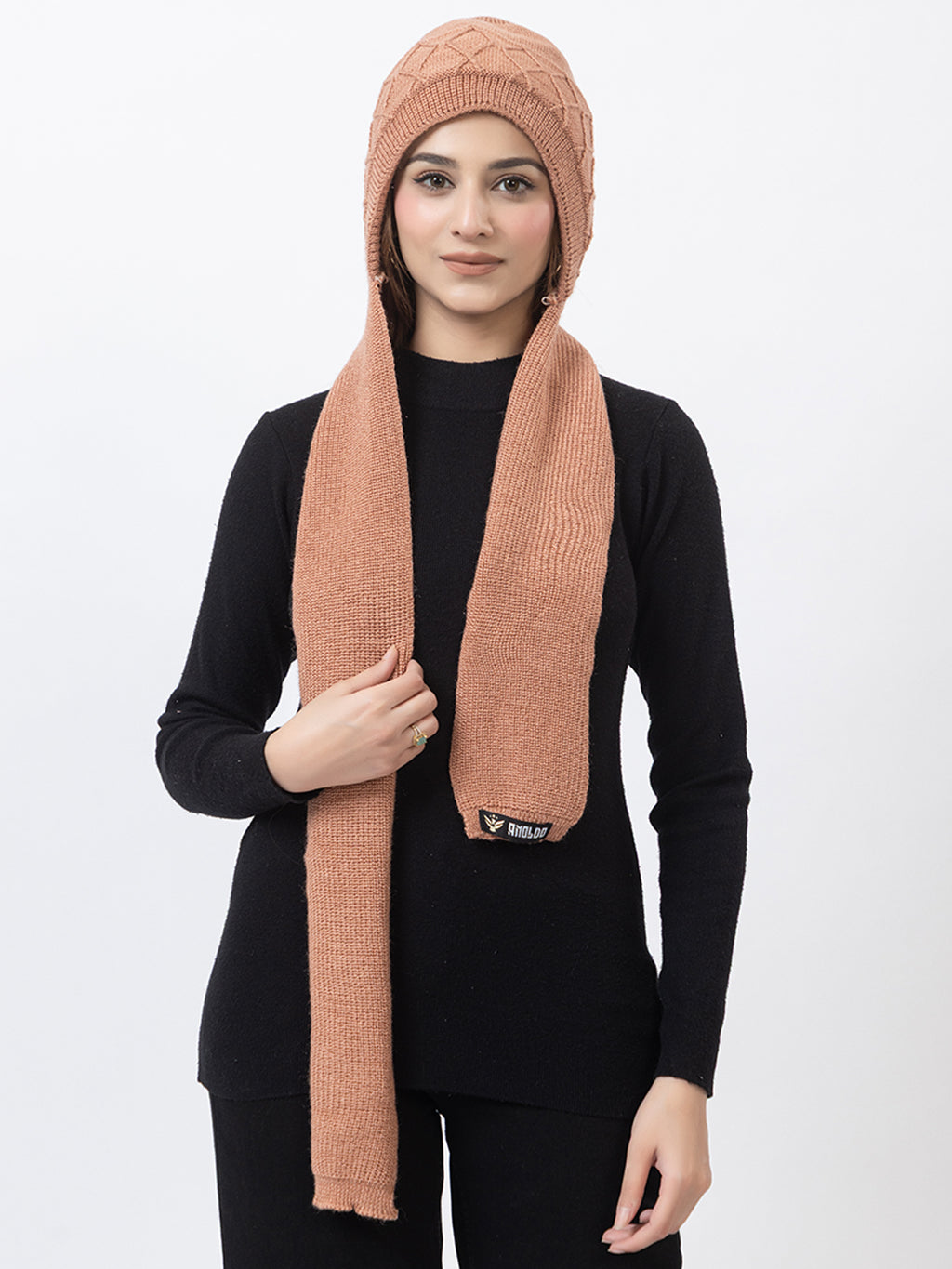 AMOLDO Women's Wool Beanie Fleece Cap with Attached Scarf- Peach