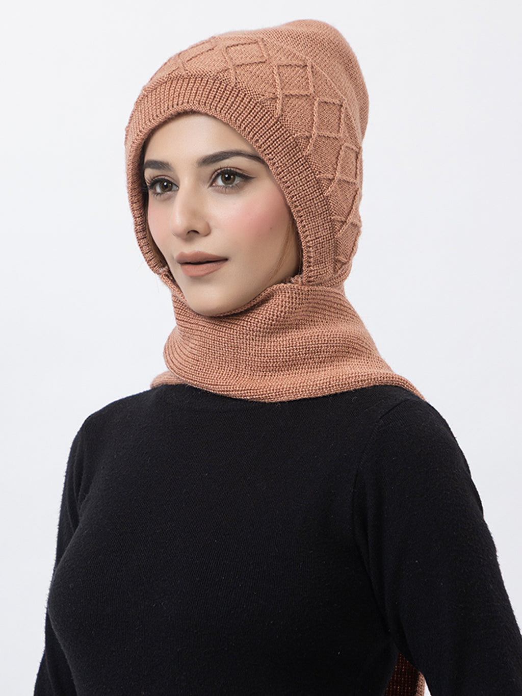AMOLDO Women's Wool Beanie Fleece Cap with Attached Scarf- Peach