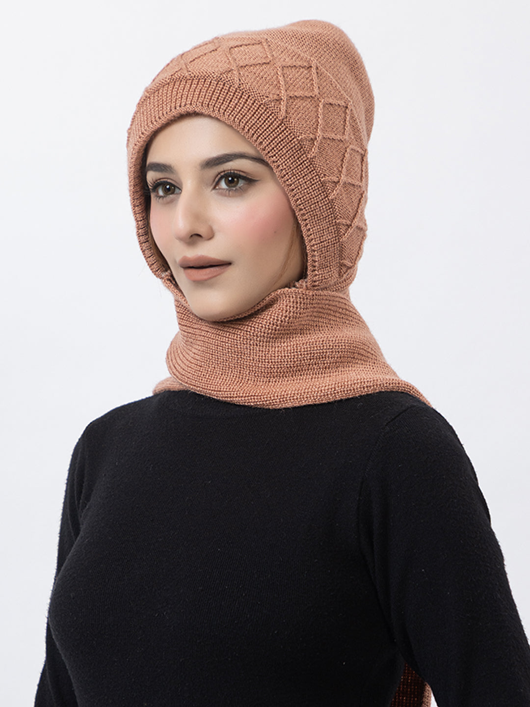 AMOLDO Women's Wool Beanie Fleece Cap with Attached Scarf- Peach