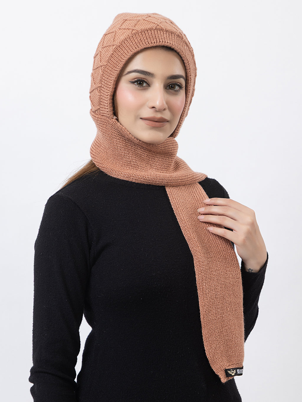 AMOLDO Women's Wool Beanie Fleece Cap with Attached Scarf- Peach